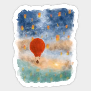 Hot air balloon on clouds towards the sun Sticker